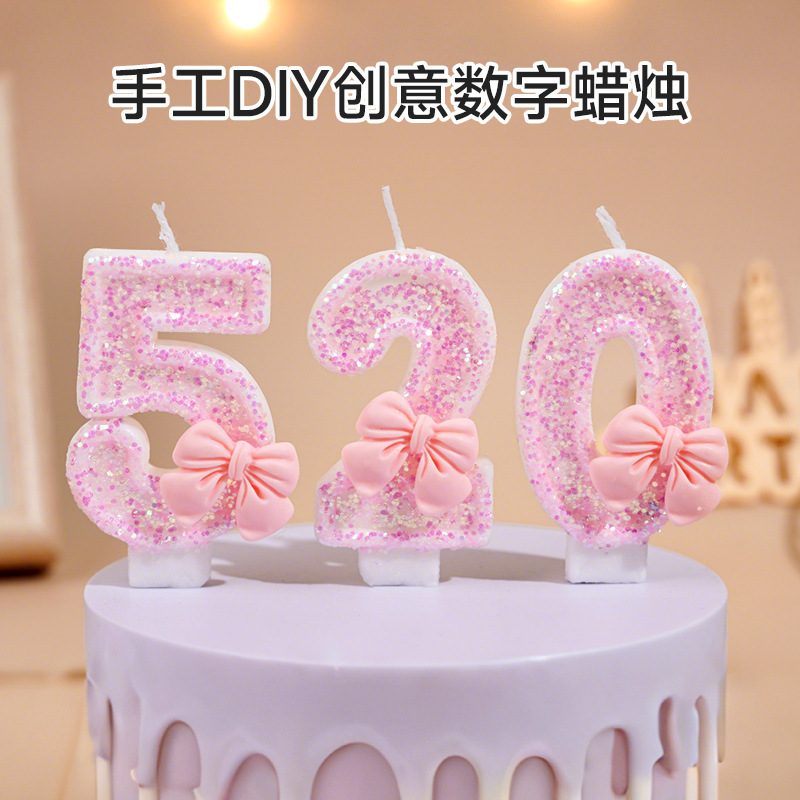 亚马逊diy蝴蝶结粉色生日蜡烛儿童成人礼纪念日派对数字手工蜡烛|undefined