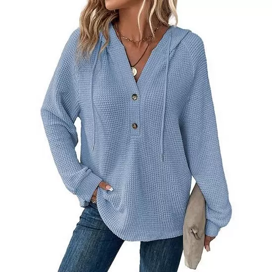 欧美跨境2025新款女装休闲华夫格针织抽绳纽扣 V 领长袖连帽卫衣