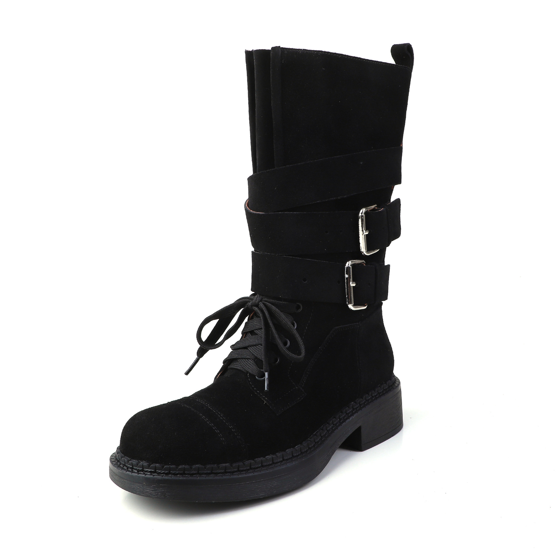 Boot cao bồi cổ trung bình da bò lộn phong cách retro, gót thấp khóa thắt lưng — đen, màu nâu sẫm, kaki