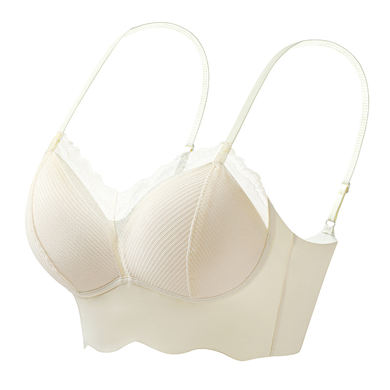 Ropa interior de tubo con tirantes de espalda sin costuras de encaje francés, pecho pequeño para mujer, copa fija, sujetador de chaleco sin anillo de acero