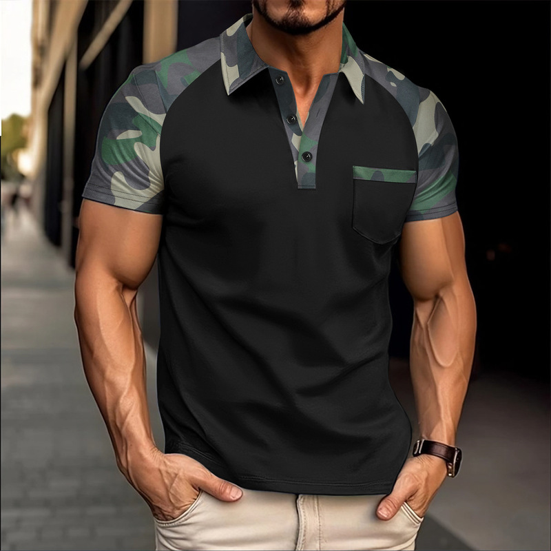 Cross-border American New Hot Sale Summer Outdoor Camouflage Color Block Men's Lar Pocket Button POLO Shirt Short Sleeve