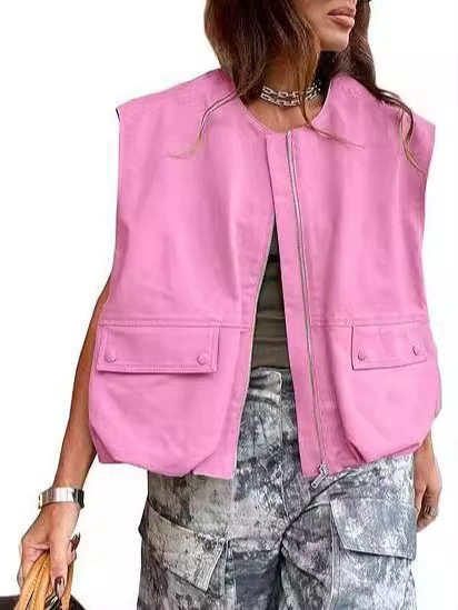 Amazon transfronterizo 2025 Europa y los Estados Unidos nueva moda sin mangas bolsillo versión suelta chaleco de cremallera de color sólido chaqueta de mujer image 6