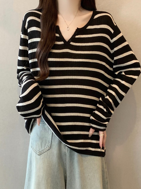 黑白条纹针织衫V领正肩长袖T恤女2025早秋新款大码胖mm打底衫上衣|undefined