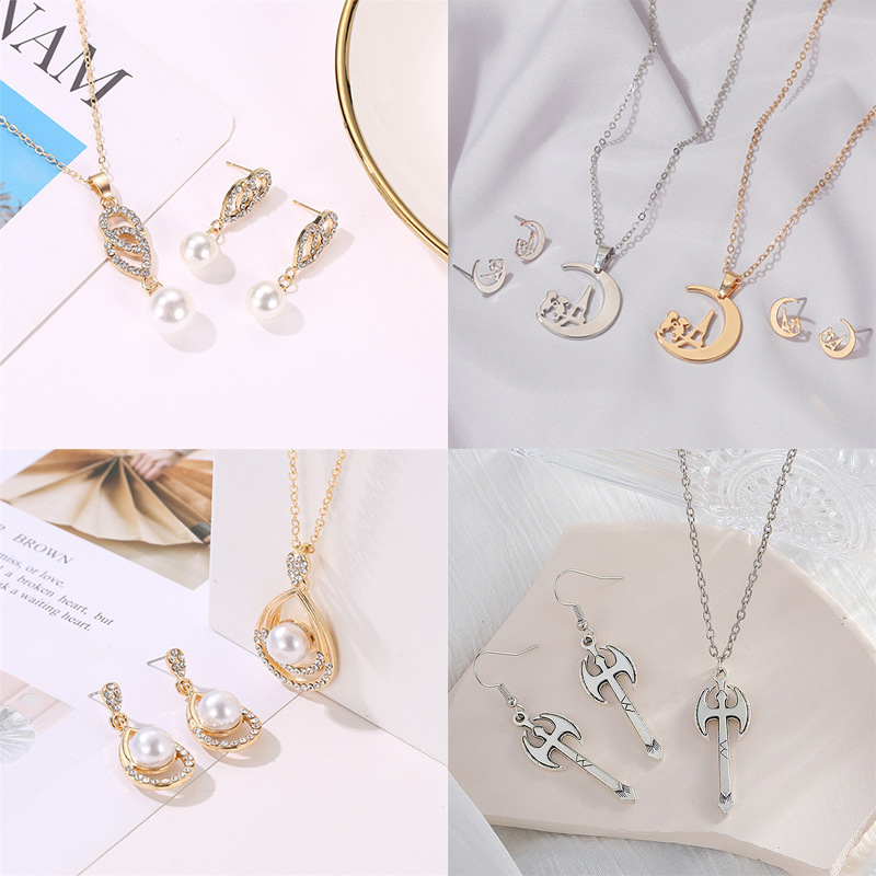 Traje de joyería de perlas de diamantes de Venta caliente transfronteriza temperamento de moda de mujer flor geométrica gota de agua collar pendientes traje