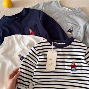 Children's Long-Sleeve T-Shirt 2025 Autumn Boys' Japanese-Style Bear Base Shirt Baby Striped Toddler Top Wholesale