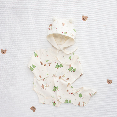 Newborn Baby Spring Pure Cotton Pajama Set Nordic INS Style Acorn Full Cotton Triangular Top Bodysuit Infant Boneless Climbing Suit