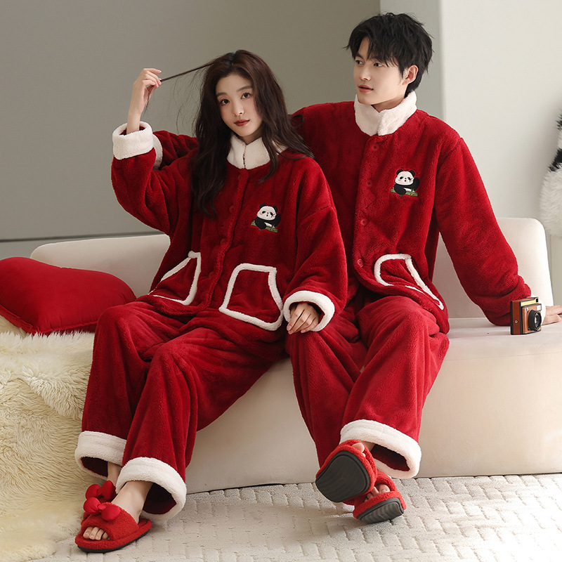 Winter Women's Cute Red Panda Warm Coral Velvet Pajamas Newlywed Men's Stand-Up Collar Cardigan Double Flap Pocket Pants Home Clothes