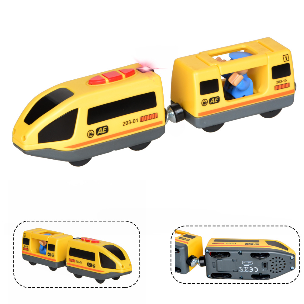 Pequeña locomotora eléctrica bloques de construcción pista remolque cabeza compatible con pista de madera locomotora eléctrica cabeza