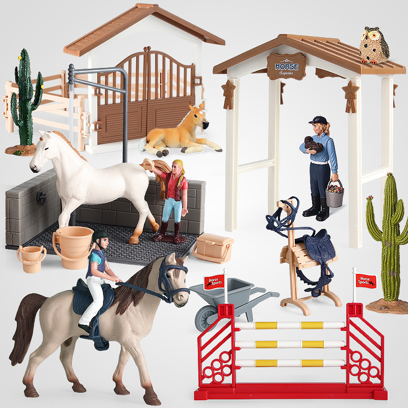 Children's Educational Cognitive Simulation Plastic Cowboy Horse House Set Western Farm Scene Assembly Model Gift