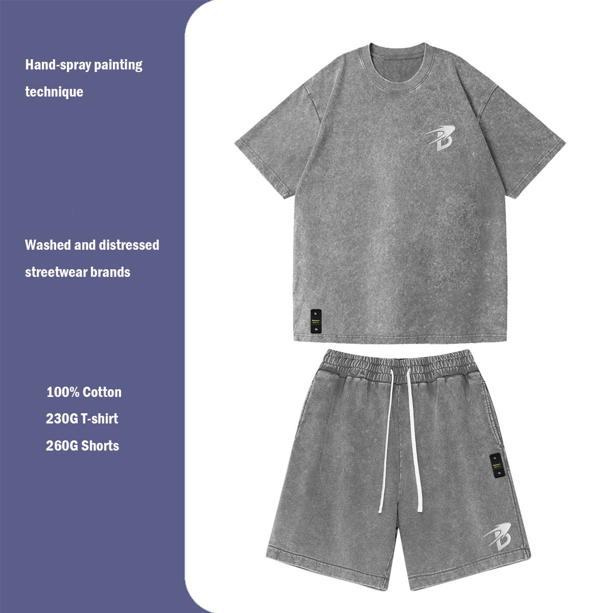 Men's Clothing Unisex 3D B Letter Heavyweight Trendy TTQQ Washed Distressed Pure Cotton Short Sleeved Shorts Casual Suit_viptrois.com