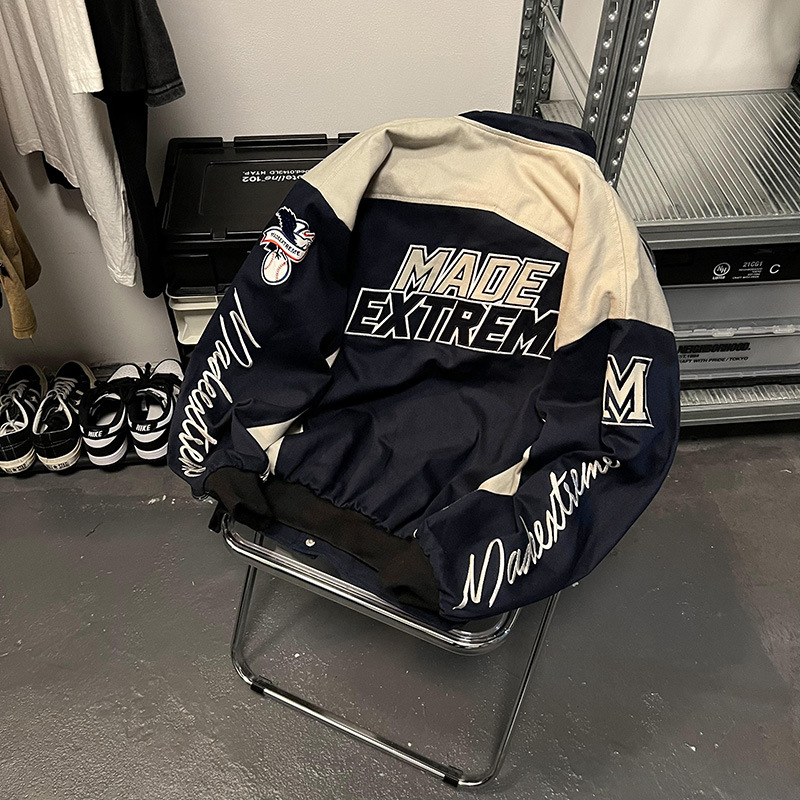 Giacca da baseball da motociclista con lettere ricamate in primavera e autunno da strada retrò americana per uomo e donna, giacca da corsa ampia hip-hop_voghion.com