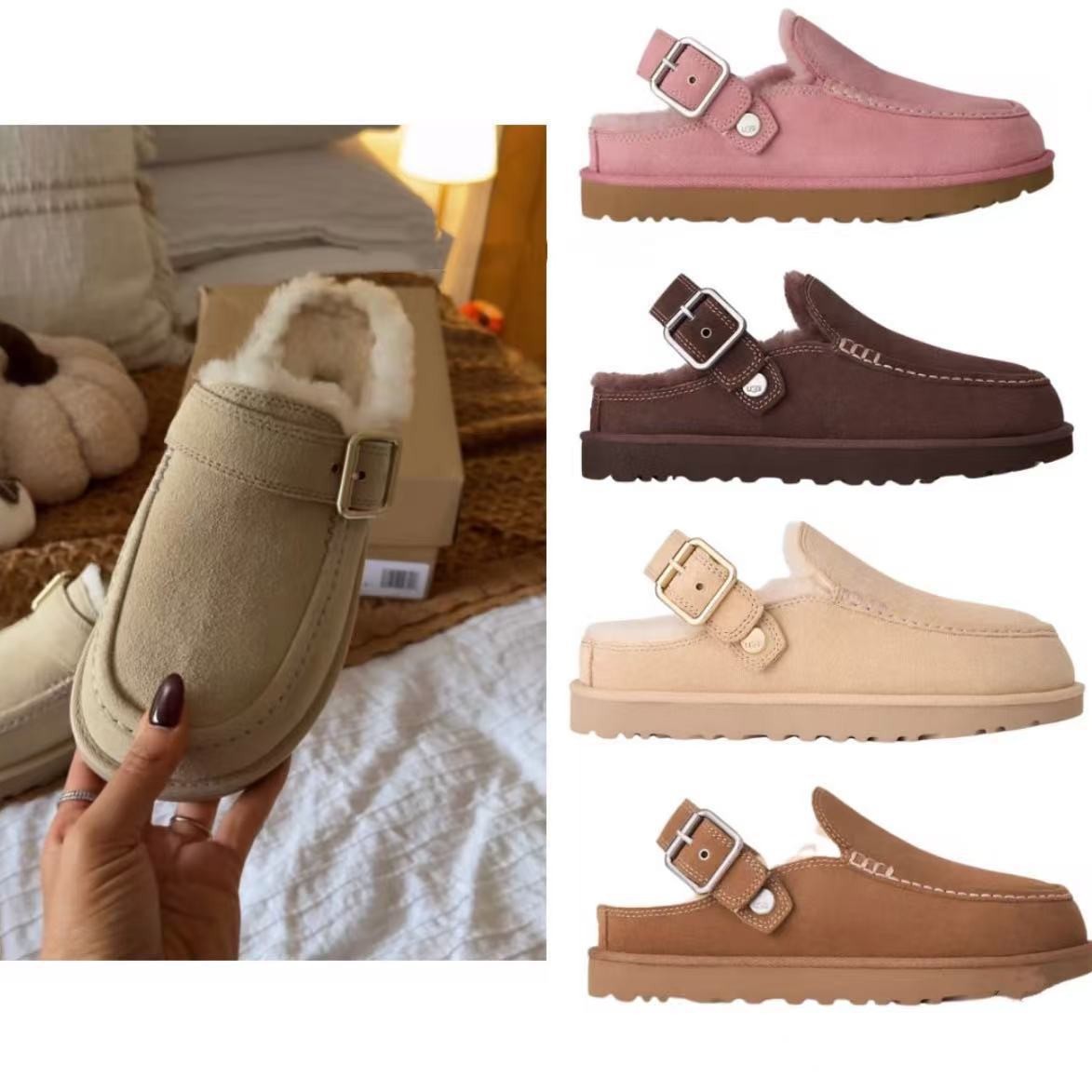 Cross-border retro two-way buckle thick-soled furry slippers for women, plus-size, fleece-lined, thickened snow boots, closed-toe cotton shoes