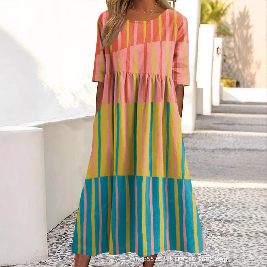 Women's Round Neck Short Sleeve Mid-Length Striped Dress Printed Summer For Women_ecoleips.com