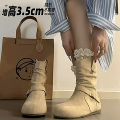 现货版~平底内增高褶皱堆堆靴女2025秋冬新款勃肯短靴西部骑士靴