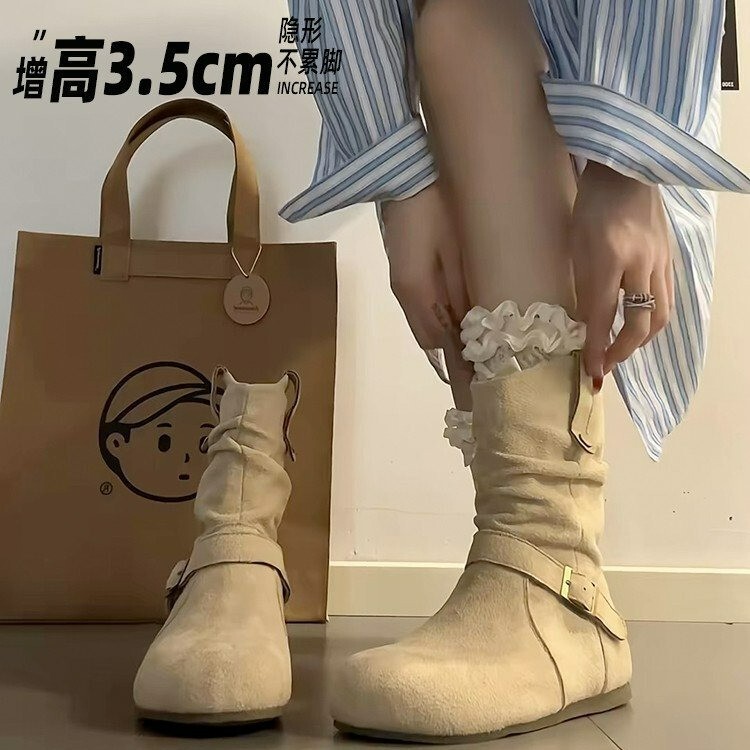 现货版~平底内增高褶皱堆堆靴女2025秋冬新款勃肯短靴西部骑士靴|undefined