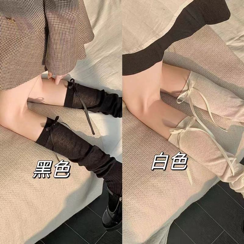 miu miuqi~バレエ風リボンパイルカーフソックス膝上リボンレディースJKスプライシングシンプルストッキング|undefined