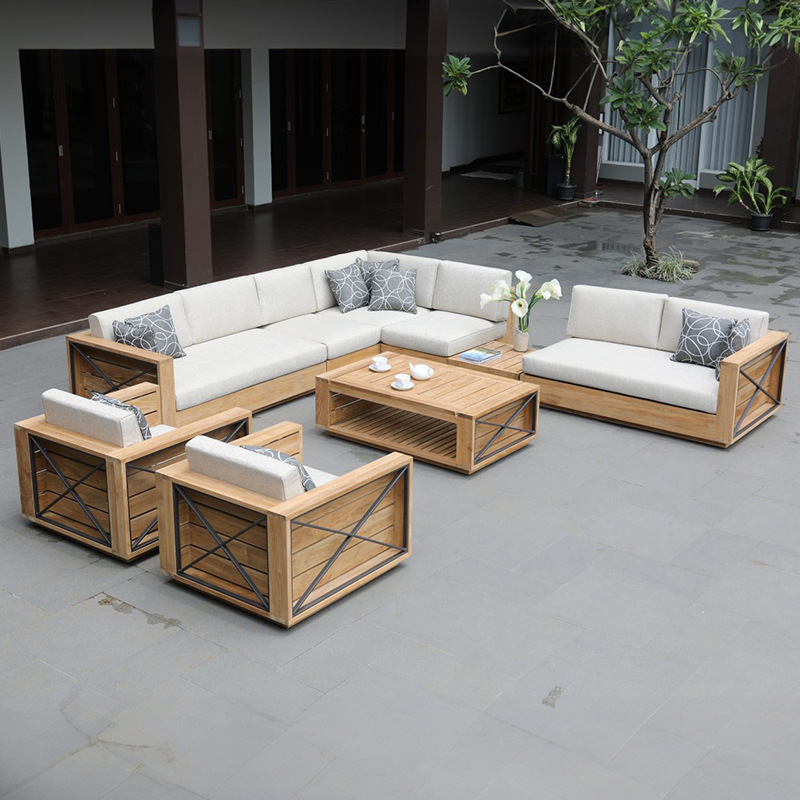 Conjunto de sofás de teca para exteriores para patio de hotel, impermeable, resistente al sol, muebles anticorrosivos, sofá de madera maciza para jardín de villa.