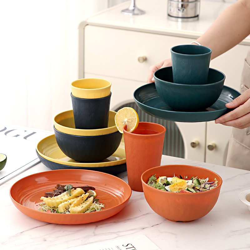 Cross-Border Amazon Wheat Straw Stone-Pattern Dinner Plates, Bowls, Cups, Outdoor Dinner Plates, Soup Bowls, Beverage Cups, Tableware Sets