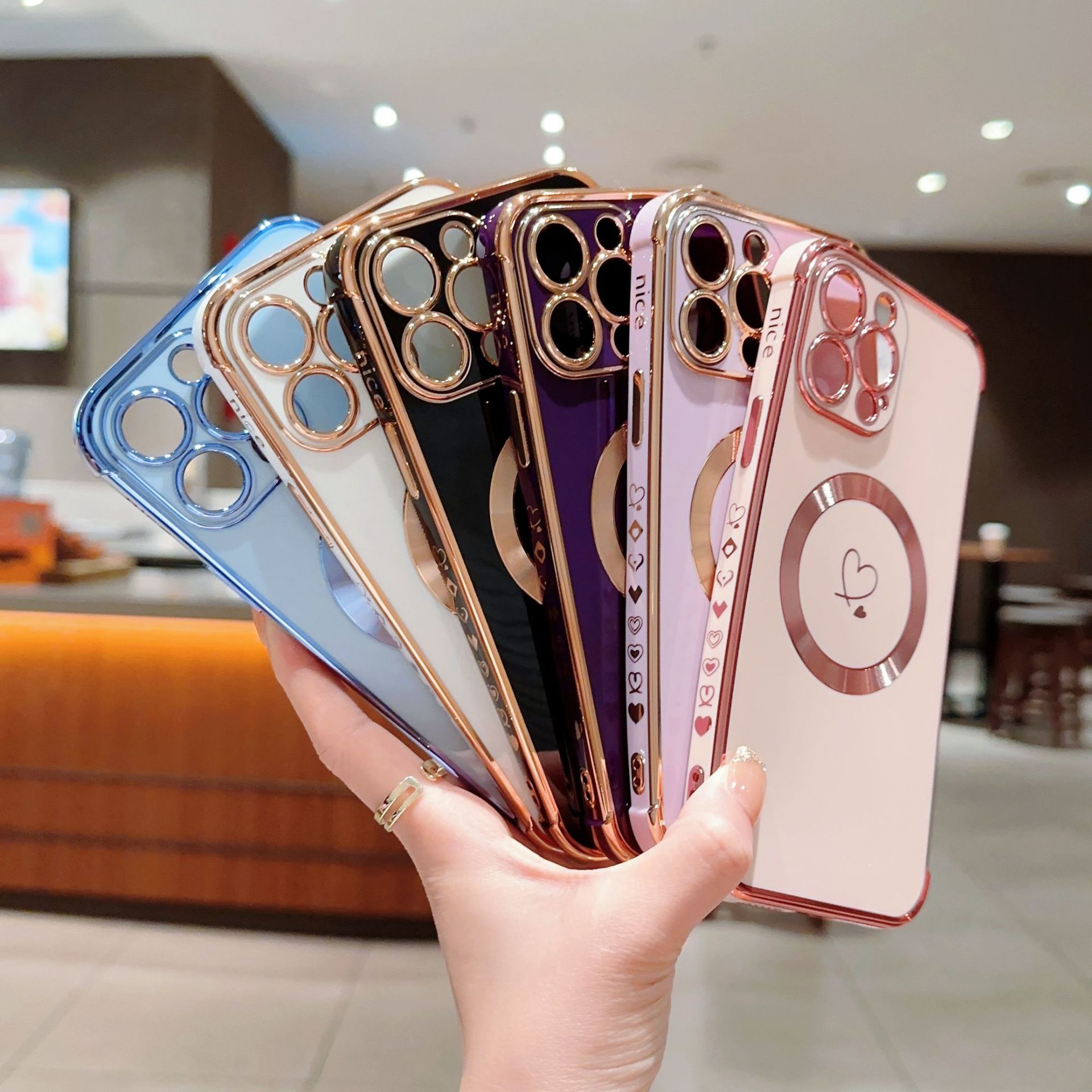 電鍍磁吸雙愛心適用iPhone15promax手機殼精孔蘋果14防摔13軟殼12