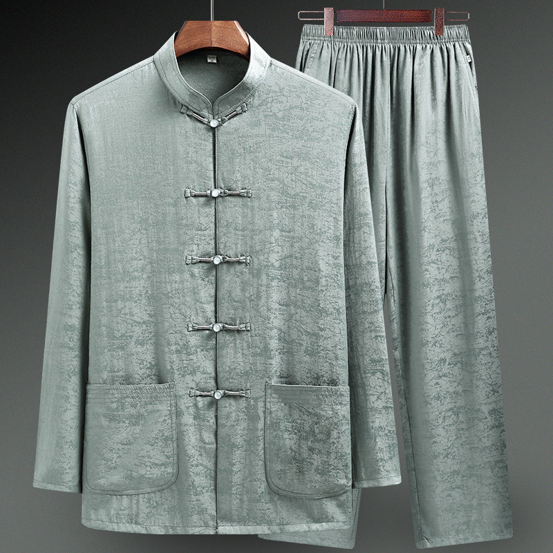 Tang Suit Male Middle-aged and Elderly Dad Ice Silk Cotton Silk Long Sleeve Suit Clothes for the Elderly Chinese Style Grandpa Shirt Spring and Summer Clothes