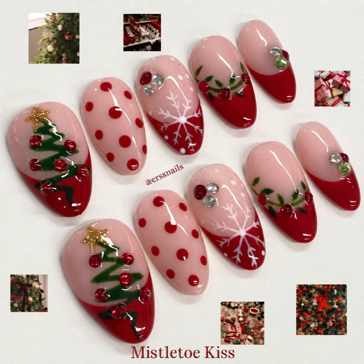 Christmas-themed press-on nails, almond-shaped, with rhinestones, featuring a 3D Christmas tree and snowflake design, for cross-border sales