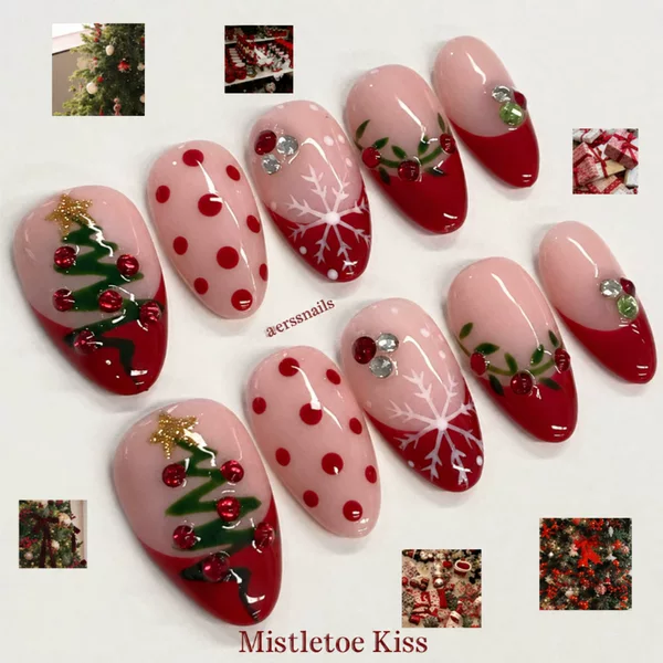 Christmas-themed press-on nails, almond-shaped, with rhinestones, featuring a 3D Christmas tree and snowflake design, for cross-border sales