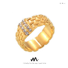 欧美ins风镶嵌排钻编织纹理戒指时尚复古设计钛钢镀18K真金饰品女