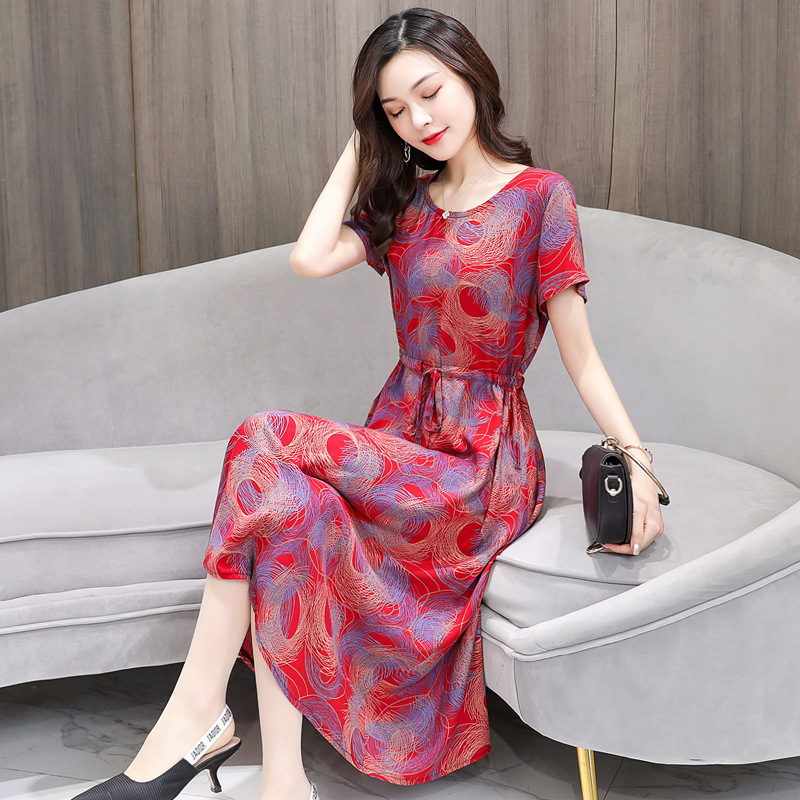 Middle-aged mother summer cotton silk dress mid-length cotton silk skirt middle-aged and elderly women's artificial cotton summer dress Middle-aged mother summer cotton silk dress mid-length cotton silk skirt middle-aged and elderly women's artificial cotton summer dress