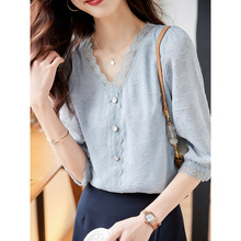 七分袖v领雪纺衫女2025年夏季新款宽松减龄小衫遮肚子上衣