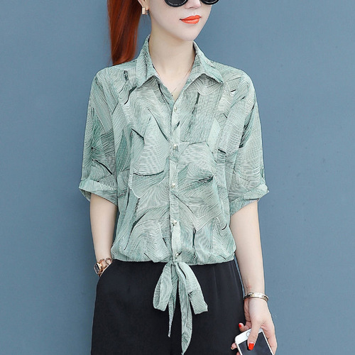 Floral chiffon blouse women's 2025 spring and summer short-sleeve shirt loose stylish mini shirt covers belly slimming shirt