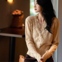 上海单农针织/意大利工艺100%羊毛 水溶蕾丝针织开衫/上衣女