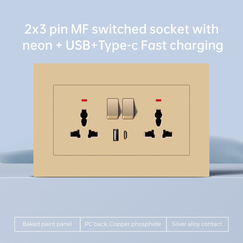 Interruptor de pared de borde de oro británico enchufe de plástico PC multifuncional 86 interruptor de cocina USBTypeC carga rápida