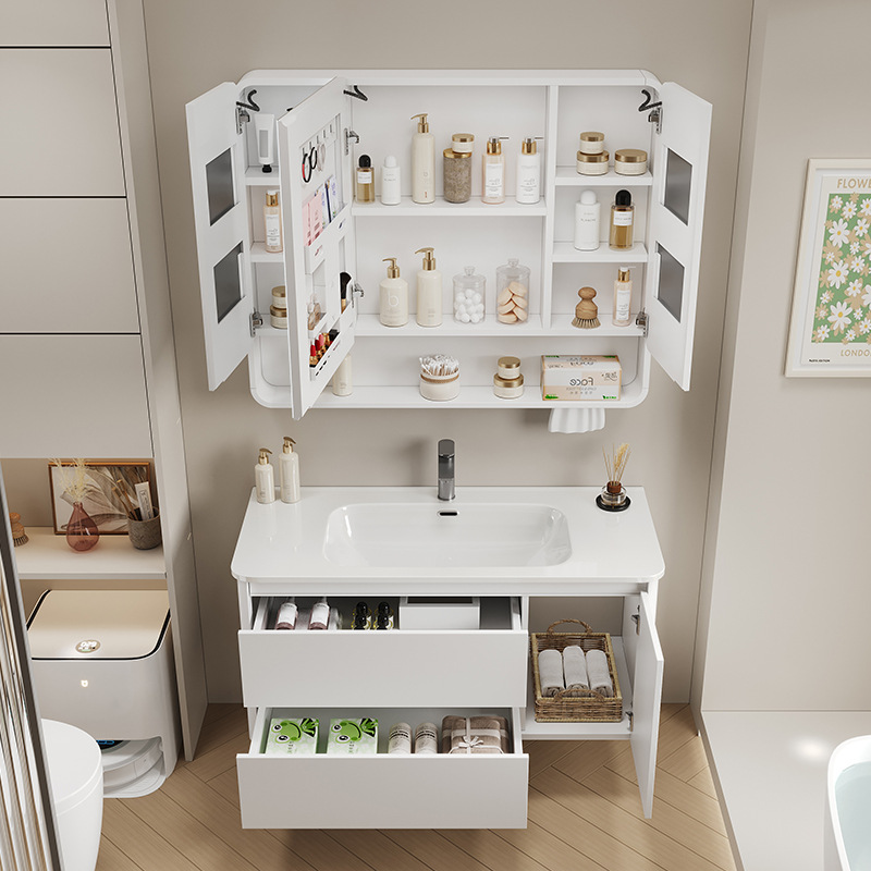 Arco de panal de arco de crema gabinete de baño combinación cerámica integral lavabo