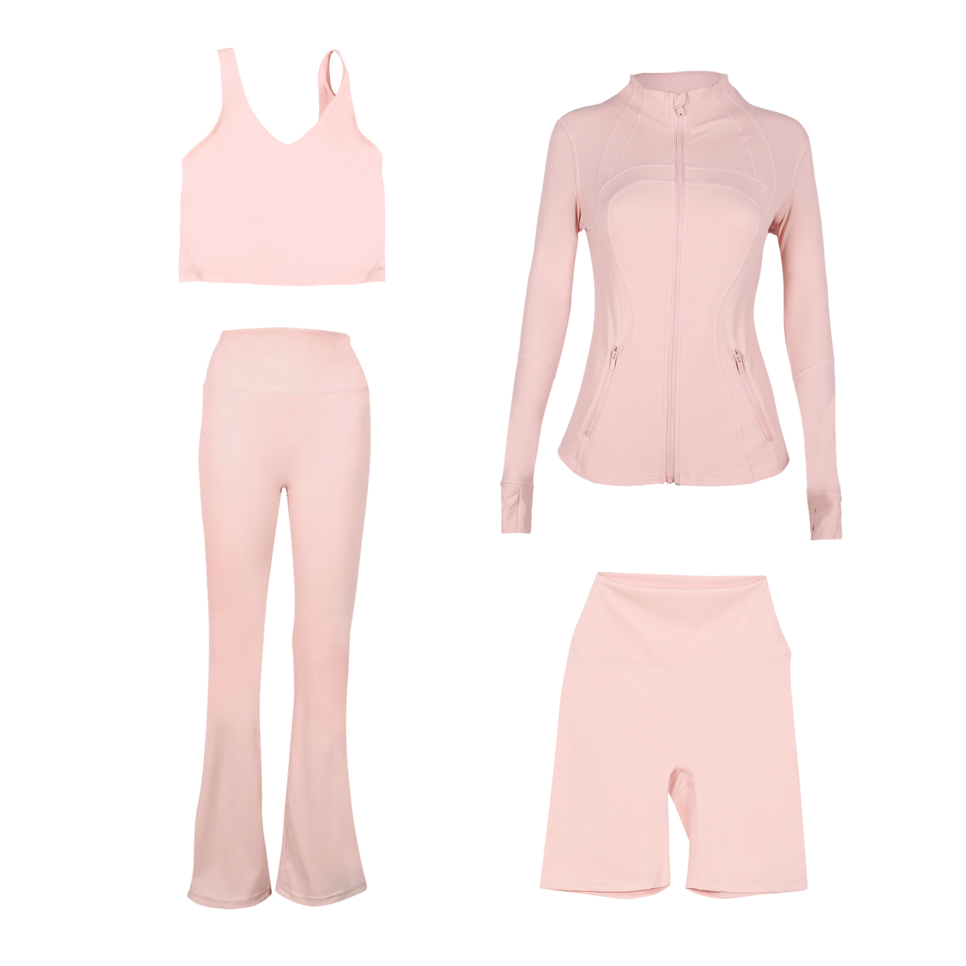 Dameskleding Slim Fit Sportkleding Set U-vormig Vest Uitlopende Broek Shorts Vierdelige Set Op Voorraad Fitnesskleding Gymoutfit_voghion.com
