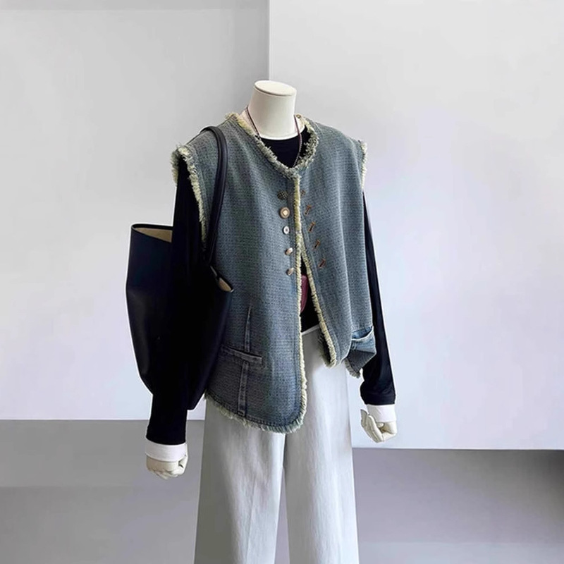 Vintage Denim Vest Jacket Women's Spring 2025 New Fashionable Western Style Loose Sleeveless Vest Vest Vest