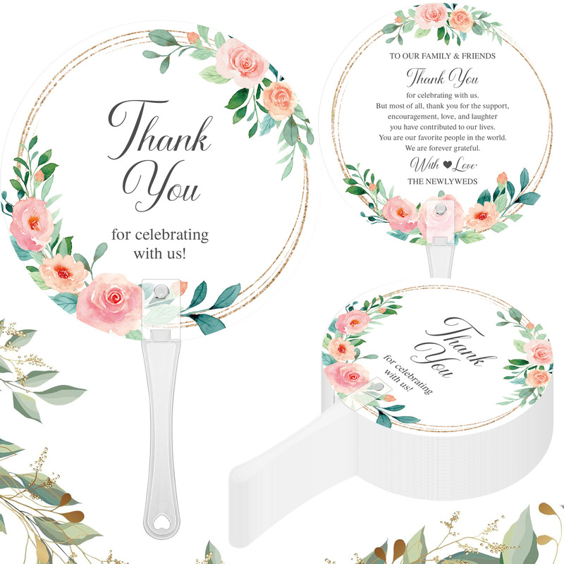 20-Pack Thank You Pink Flower Plastic Wedding Fans Wedding Photo Props Wedding Party Supplies