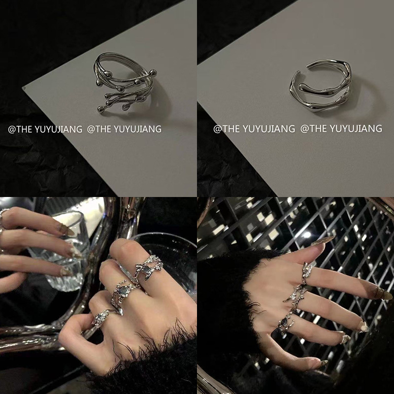 Niche High-End Liquid Gemstone Inlaid Ring with Sparkling Effect, Instagram-Style High-End Open Ring, Irregular Ring