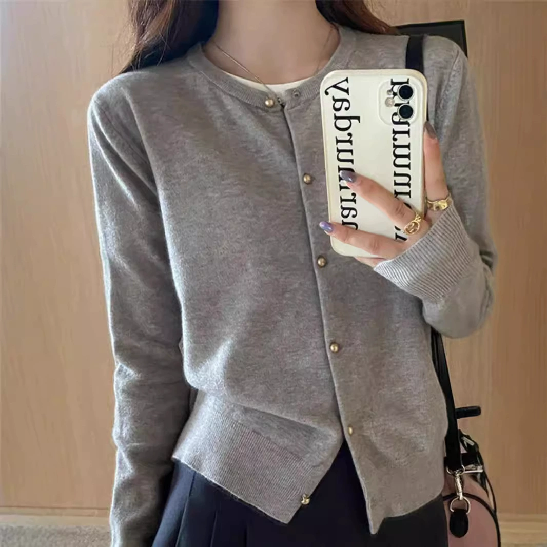 Женский однобортный трикотажный кардиган, лето-осень 2025, новый стиль, высококачественный верхний свитер, длинный рукав, тонкий.