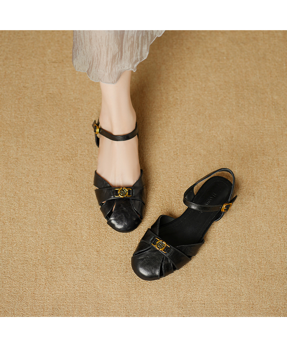 Sandal nữ bít mũi da cừu quai ngang hoa trà đế thấp — Màu đen chi tiết 10