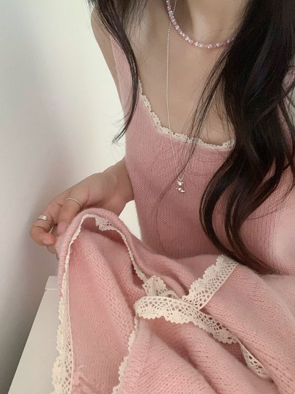 韩版百搭纯色长袖针织开衫女春秋季新款叠穿蕾丝花边毛衣吊带套装|undefined
