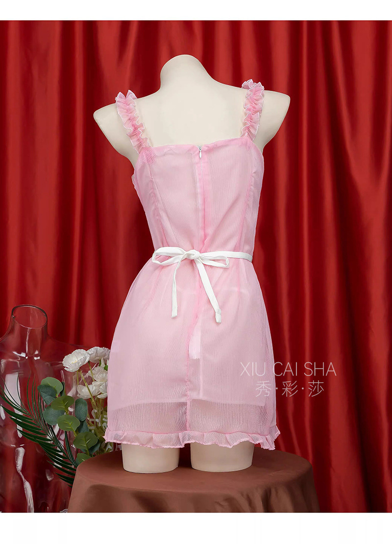 Maid Role-Play Lingerie Set with Deep V-Neck See-Through Camisole Dress, Apron, Panties and Bow Stockings — detail image 30