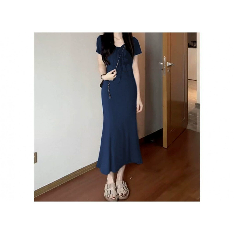 Женское платье с короткими рукавами во французском королевском стиле, новый летний стиль, утягивающая талию, длинная юбка «рыбий хвост», облегающая бедра