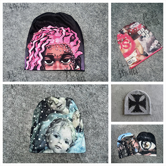 Y2K Subculture Patchwork Printed Knit Beanie American Retro Hot Girl Rhinestone Lips Keyboard Pattern Street Style