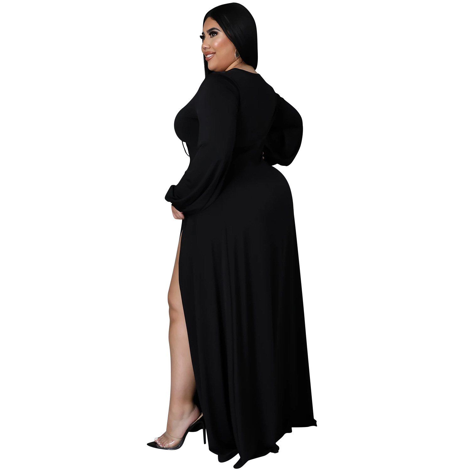 Solid Color Plus Size V-Neck Long-Sleeved Hollow Split Lace-Up Dress With-Separate-Panty NSXYZ110900