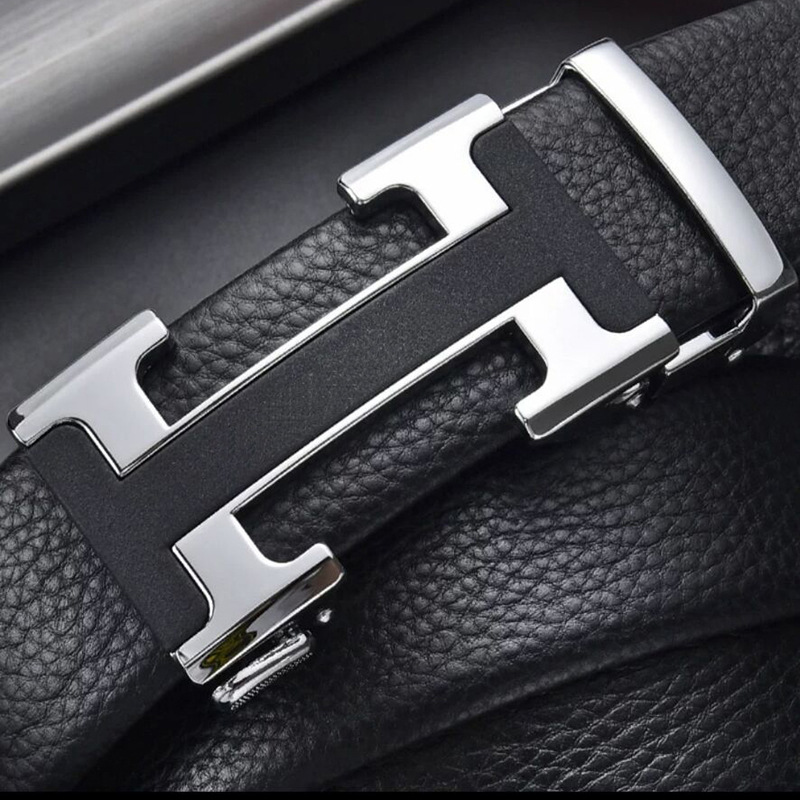 Cinturón de Cuero Genuino de Dos Capas para Hombre, Estampado de Cuadros, Hebilla Automática, Estilo Casual de Lujo