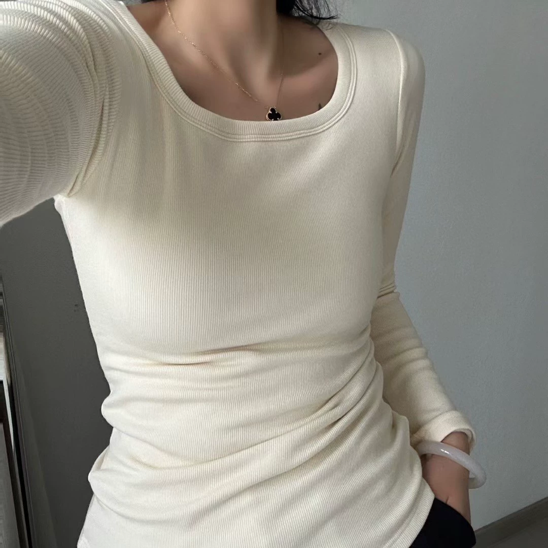 6686 осень и зима минималистский четырехквадратный воротник двухслойный резьба с высокой плоской клейкой термобелье топ нижнее белье женский