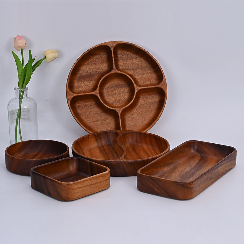 Factory direct round wooden grid plate universal fruit gossip wooden plate simple walnut plate large quantity discount