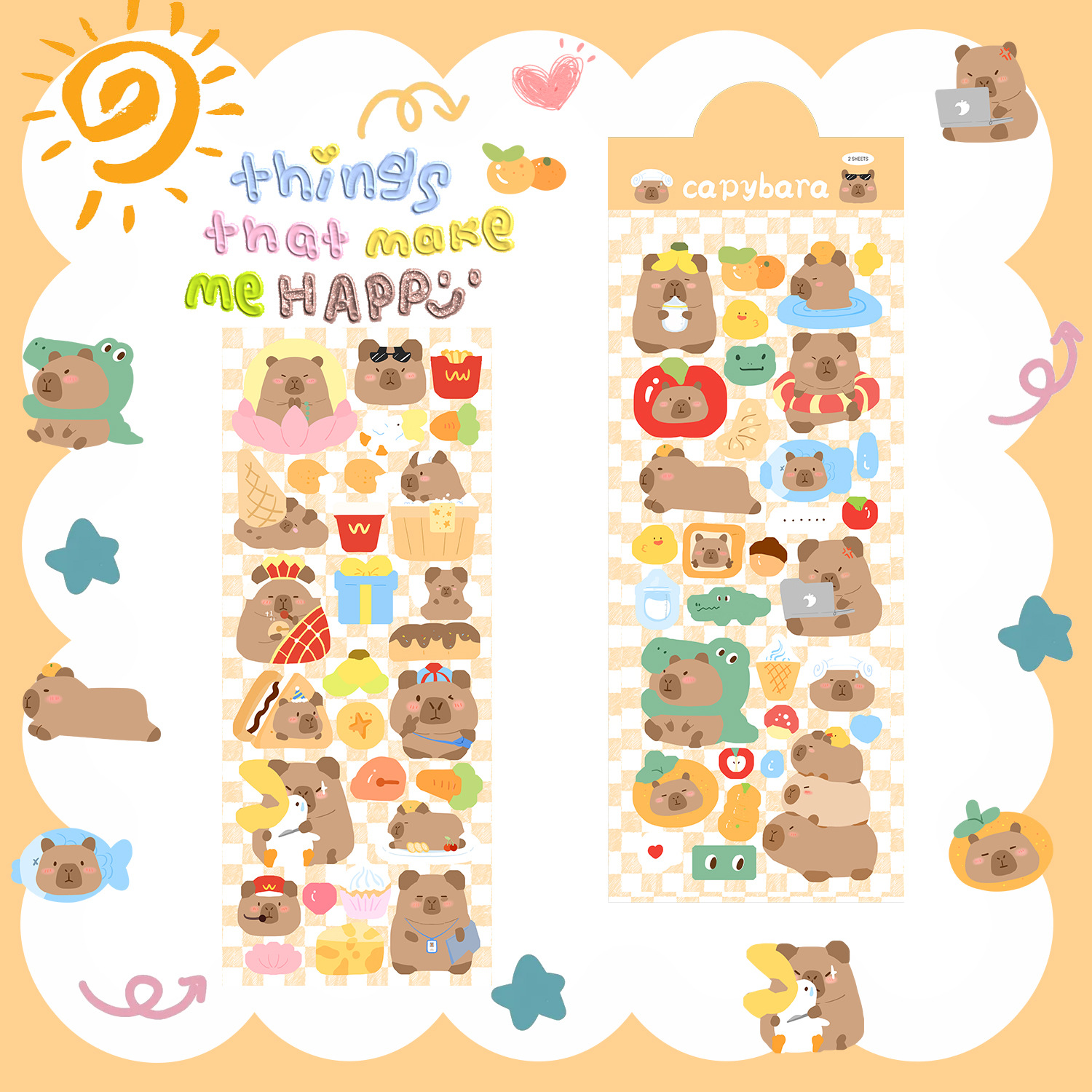 2 hojas en la serie de pegatinas de dibujos animados Kapibara cuentas de mano diy caja de teléfono móvil teclado taza de agua decoración cuentas de mano