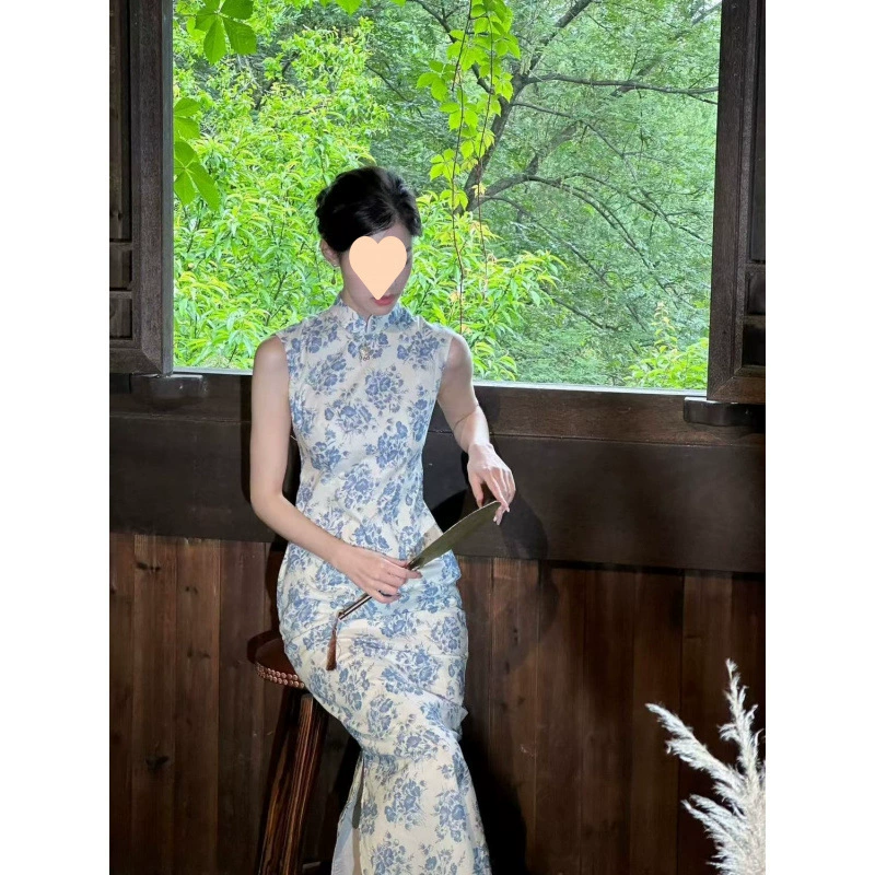 Новое китайское платье-чонсам без рукавов из фарфора, улучшенная модель, летнее, женское, нежное, длинная юбка.