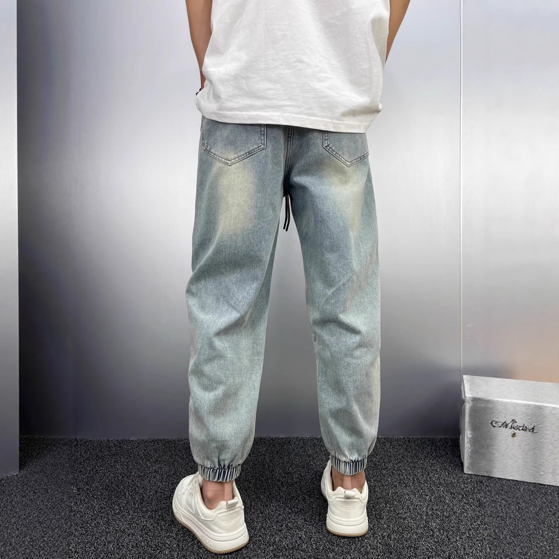 Men's Light Blue Distressed Denim Jeans - Trendy Patchwork Slim Fit Jogger Pants With Adjustable Cuffs, Loose Hip Hop Style_voghion.com